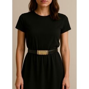 Vintage 80s Vicenza Woman’s Belt 46 Black Italian Genuine Calfskin Buckle Skinny